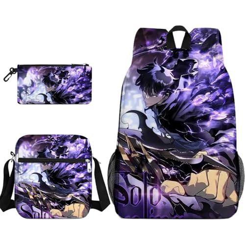 Youxy Sung Jin Woo Rucksack 3-teiliges Set Anime Cha Hae in Schultasche mit Federmäppchen Crossbody Tasche Cartoon 3D Gedruckt Schulbedarf für Mädchen Jungen, Typ 5 von Youxy