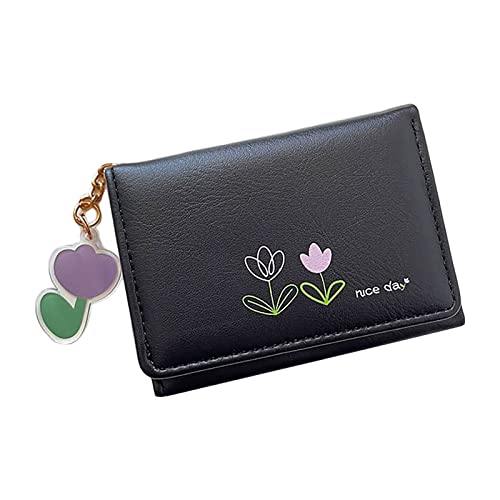 Kleine Brieftasche Herren Münzfach Mode Frauen ID Kurze Brieftasche Blumen Drucke Tasche Hasp Geldbörse Mehrere Kartenfächer Clutch Bag Handtasche mit gestreiftem Handgelenkriemen (Black, One Size) von Youyu77