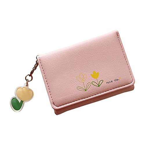 Kleine Brieftasche Herren Münzfach Mode Frauen ID Kurze Brieftasche Blumen Drucke Tasche Hasp Geldbörse Mehrere Kartenfächer Clutch Bag Handtasche mit gestreiftem Handgelenkriemen (Pink, One Size) von Youyu77