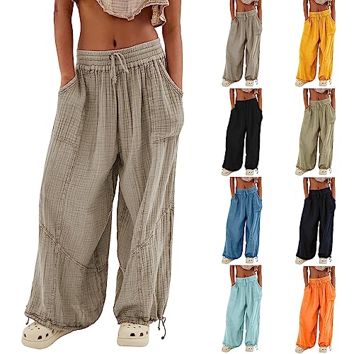 Youyu77 Damen-Cargohose, Baggy-Hose mit weitem Bein, Khaki, lockere Jogginghose mit hoher Taille und Taschen Hose Rot Kariert Damen Sommerhosen für Damen in Übergröße (Grey-a, L) von Youyu77