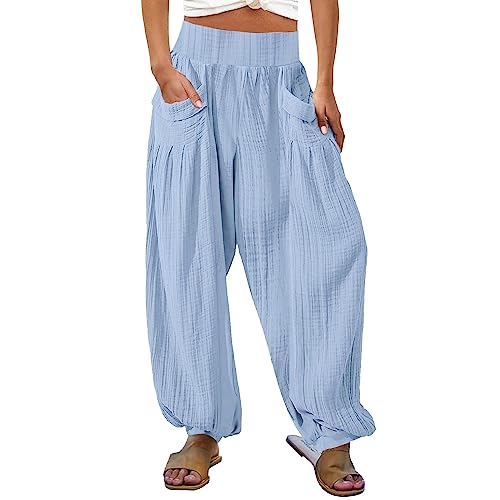 Youyu77 Damen-Cargohose, Baggy-Hose mit weitem Bein, Khaki, lockere Jogginghose mit hoher Taille und Taschen Hose Rot Kariert Damen Sommerhosen für Damen in Übergröße (Light Blue-b, XXXL) von Youyu77