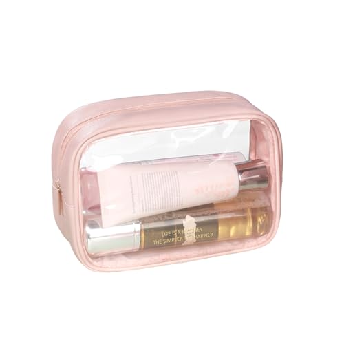 Yovell Transparente Make-up-Tasche, TSA-zugelassen, Kulturbeutel mit Reißverschluss, PU-Leder, Reise-Make-up-Tasche, Organizer, wasserdichte Kosmetiktasche für Damen und Mädchen, Pink, Transparent von Yovell