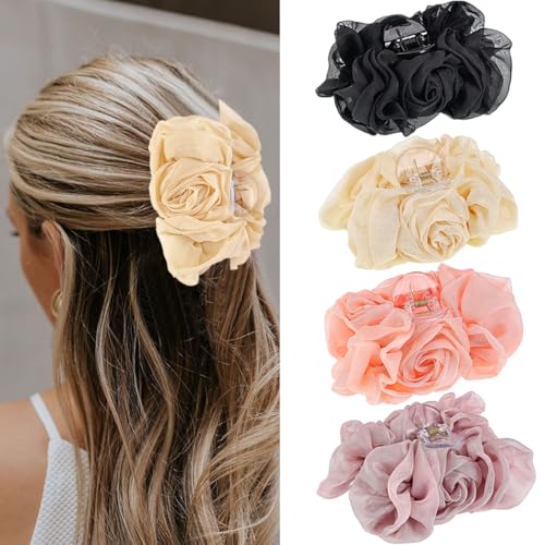 Yovic Haarspangen mit Schleife, Blume, Chiffon, plissiert, Haarschleifen, dick, dünn, Blumen-Haarschmuck für Damen, 1 Stück (Champagner) von Yovic