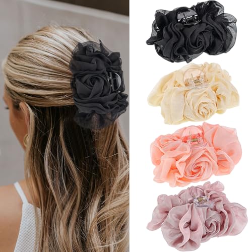 Yovic Haarspangen mit Schleife, Blume, Chiffon, plissiert, Haarschleifen, dick, dünn, Blumen-Haarschmuck für Damen, 1 Stück (schwarz) von Yovic