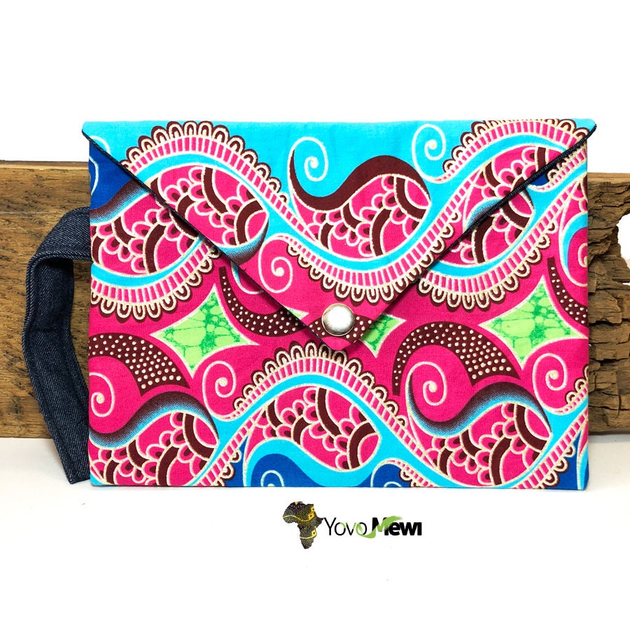 Clutch Aus Rosa-Blau-Grünem Wax-stoff, Jean-Interieur, Abend-Clutch Nr. 13 von YovoMewi