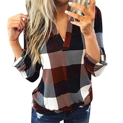 Bluse Damen V-Ausschnitt Kariert 3/4 Ärmel Kurzarm Tunika Tops Longshirt Shirt Top Frauen Casual Baumwolle Langarm Plaid Shirt Slim (L,1Braun) von Yowablo