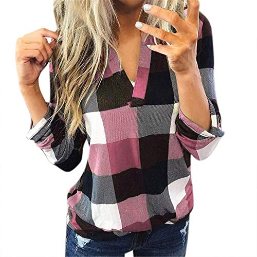 Bluse Damen V-Ausschnitt Kariert 3/4 Ärmel Kurzarm Tunika Tops Longshirt Shirt Top Frauen Casual Baumwolle Langarm Plaid Shirt Slim (XXL,1Rosa) von Yowablo