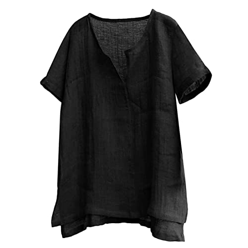 Bluse T-Shirts Herren Casual Sommer Plain Kurzarm Baumwolle Leinen Stehkragen Knopf V-Ausschnitt Strandhemden (3XL,Kurzarm-Schwarz) von Yowablo