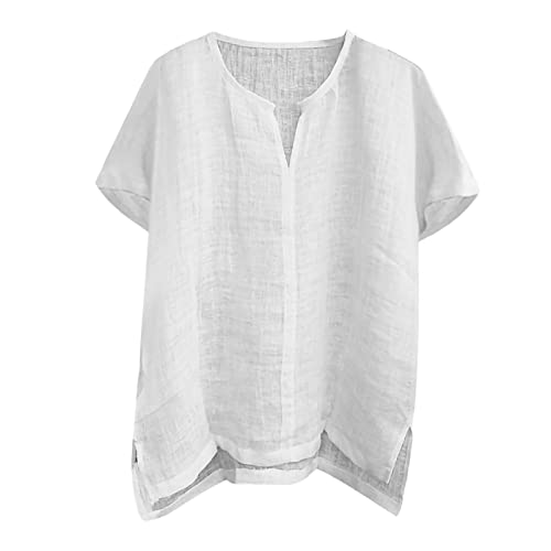 Bluse T-Shirts Herren Casual Sommer Plain Kurzarm Baumwolle Leinen Stehkragen Knopf V-Ausschnitt Strandhemden (3XL,Kurzarm-Weiß) von Yowablo