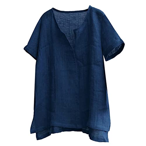 Bluse T-Shirts Herren Casual Sommer Plain Kurzarm Baumwolle Leinen Stehkragen Knopf V-Ausschnitt Strandhemden (5XL,Kurzarm-Dunkelblau) von Yowablo
