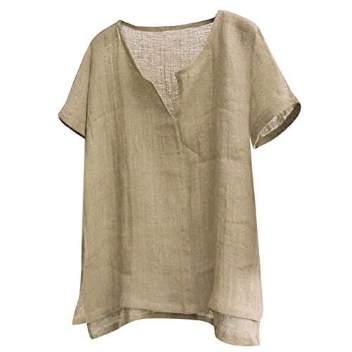 Bluse T-Shirts Herren Casual Sommer Plain Kurzarm Baumwolle Leinen Stehkragen Knopf V-Ausschnitt Strandhemden (XL,Kurzarm-Khaki) von Yowablo