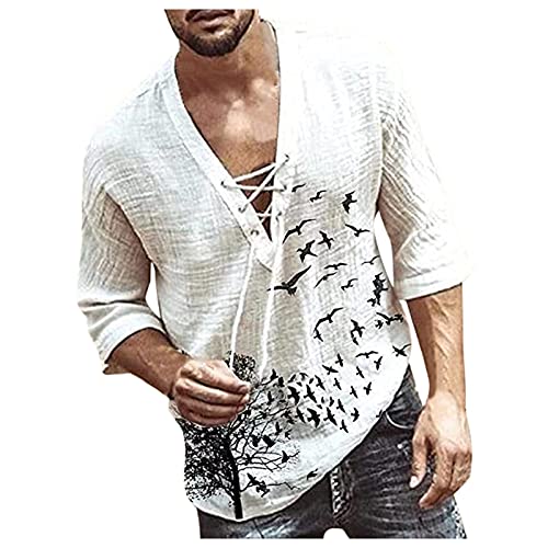 Bluse Tops Shirts T-Shirt Herren Vintage Shirt Casual Langarm Oversize Tops Camisa V-Ausschnitt Boho Style Top (S,7weiß) von Yowablo