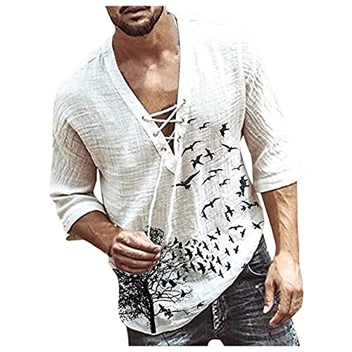 Bluse Tops Shirts T-Shirt Herren Vintage Shirt Casual Langarm Oversize Tops Camisa V-Ausschnitt Boho Style Top (XXL,7weiß) von Yowablo
