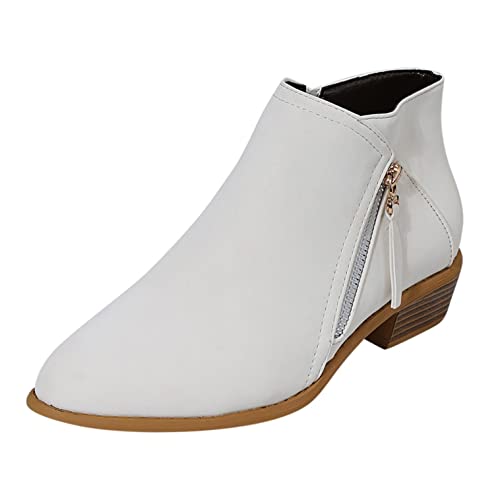 Booties Damenmode rutschfeste einfarbige High Heels Reißverschluss runde Zehen Kurze Booties Schuhe (39,Weiß-2) von Yowablo