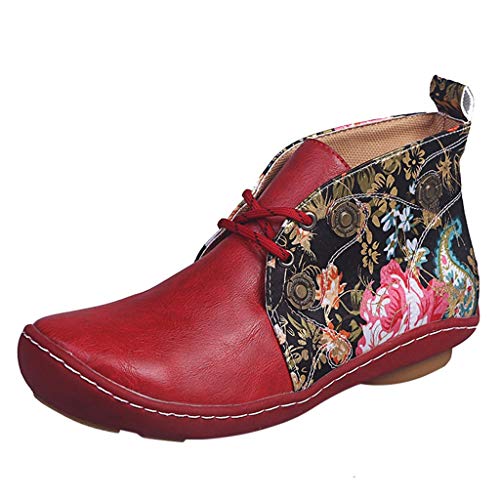 Booties Frauen Retro Leder Flache Schnürung Blumendruck Kurze Runde Zehen Schuhe (38,rot) von Yowablo