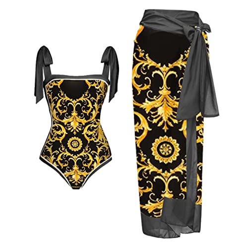 Damen 1-teilige Badebekleidung + 1-teiliges Vertuschung-Badeanzug mit Vintage-Print Monokini-Bikini 2-teilige Badeanzüge zweiteiliges Tankini-Set Stylische T Shirts (XL,A-a) von Yowablo