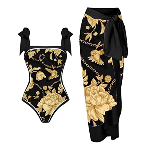 Damen 1-teilige Badebekleidung + 1-teiliges Vertuschung-Badeanzug mit Vintage-Print Monokini-Bikini 2-teilige Badeanzüge zweiteiliges Tankini-Set Stylische T Shirts (XXL,D-a) von Yowablo