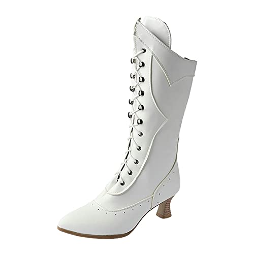 Damen Halbschaft Stiefel Frauen Spitzen Zehen Spitze Spike Heels Punk Med Heels Knöchel Retro Vliese (39,Weiß) von Yowablo