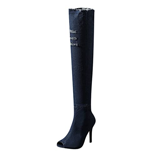Damen Hohe Stiefel Damenmode High Heel Stiefel Frühling Herbst Offene Spitze Overknee Enge High Heel Stiefel Jeans Stiefel (37,Marine) von Yowablo