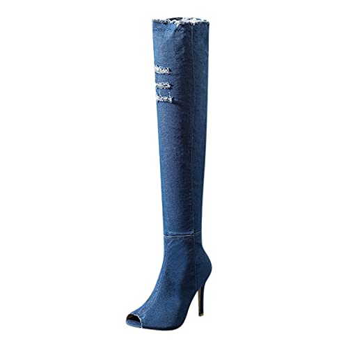 Damen Hohe Stiefel Damenmode High Heel Stiefel Frühling Herbst Offene Spitze Overknee Enge High Heel Stiefel Jeans Stiefel (37,hellblau) von Yowablo