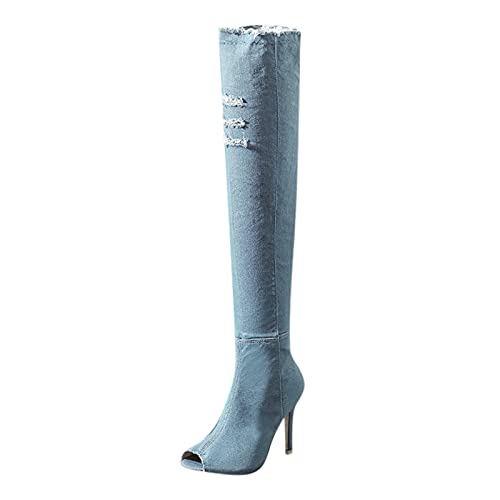 Damen Hohe Stiefel Damenmode High Heel Stiefel Frühling Herbst Offene Spitze Overknee Enge High Heel Stiefel Jeans Stiefel (37,himmelblau) von Yowablo