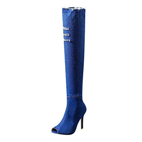 Damen Hohe Stiefel Damenmode High Heel Stiefel Frühling Herbst Offene Spitze Overknee Enge High Heel Stiefel Jeans Stiefel (39,blau) von Yowablo