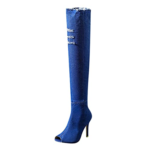 Damen Hohe Stiefel Damenmode High Heel Stiefel Frühling Herbst Offene Spitze Overknee Enge High Heel Stiefel Jeans Stiefel (40,blau) von Yowablo