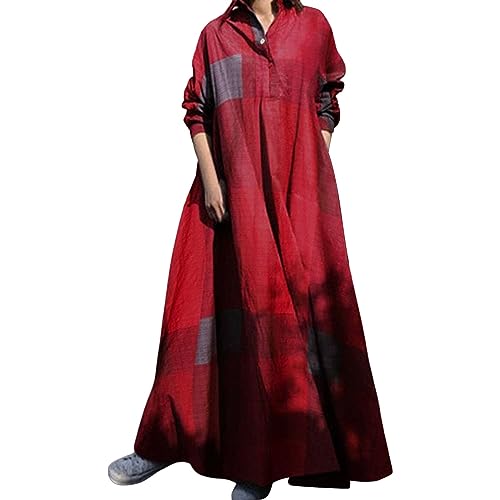 Damen-Kleid aus Baumwollleinen, Retro-Kleid im Ethno-Stil, Bedruckt, lockere Ärmel, großes Swing-Kleid Kleid Damen Herbst (Red, XXXXL) von Yowablo