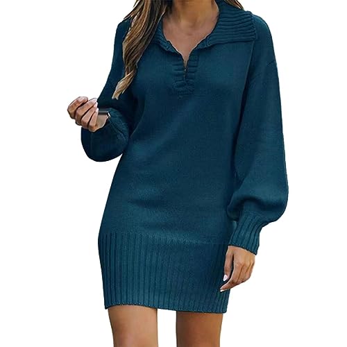 Damen-Langarm-Modischer, Solider Pullover, mittellanges Wollkleid, Strickkleid Strickkleid Sexy (F, L) von Yowablo