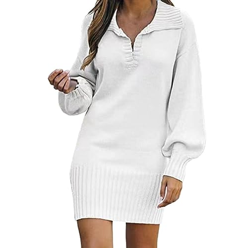 Damen-Langarm-Modischer, Solider Pullover, mittellanges Wollkleid, Strickkleid Strickkleid Sexy (White, XL) von Yowablo