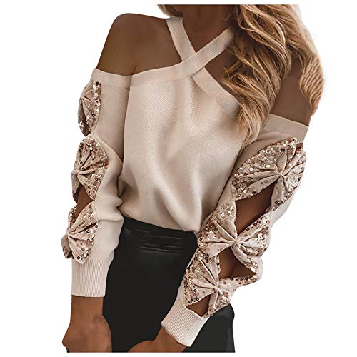 Damen Langarmshirt Shirt Tops Frauen Casual Fashion Trägerlose Hollow Butterfly Pailletten Langarm (L,Rosa) von Yowablo