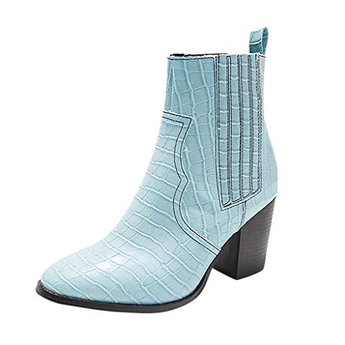 Yowablo Damen Stiefeletten Ankle Boots Quadratisch geschälte Spitze Slip-On High Heels Mode Große Größe Kurze Stiefel (39 EU,Blau) von Yowablo