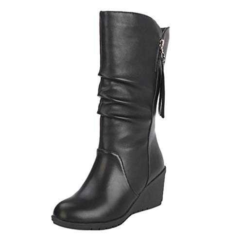 Damen Stiefeletten Chelsea Boots mit Blockabsatz Profilsohle Stiefel Frauen Mode Reine Farbe Runde Zehen Slip-Up Stiefel Keilabsätze Vintage (36,1Schwarz) von Yowablo