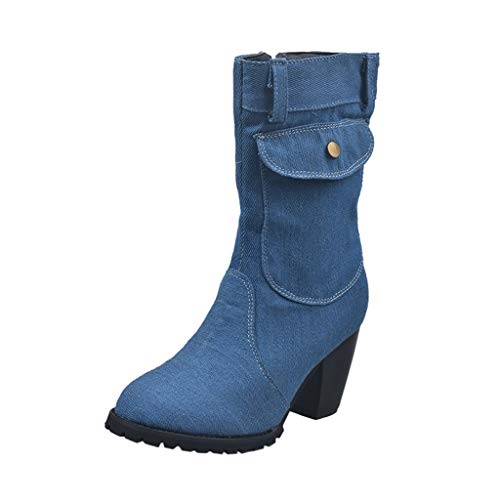 Damen Stiefeletten Worker Boots Warm Gefüttert Stiefel Damen Style Large High Heel Denim Mid-Tube (37,Blau) von Yowablo