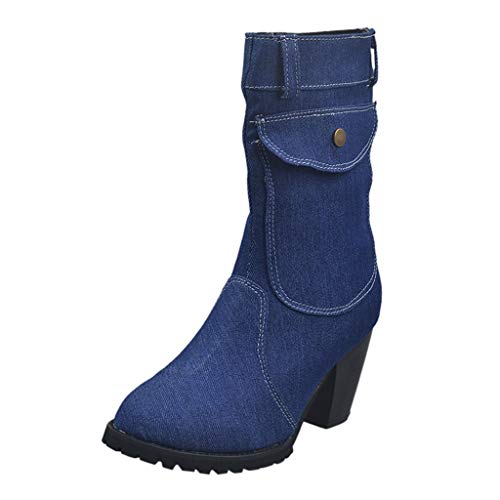 Damen Stiefeletten Worker Boots Warm Gefüttert Stiefel Damen Style Large High Heel Denim Mid-Tube (38,Dunkelblau) von Yowablo