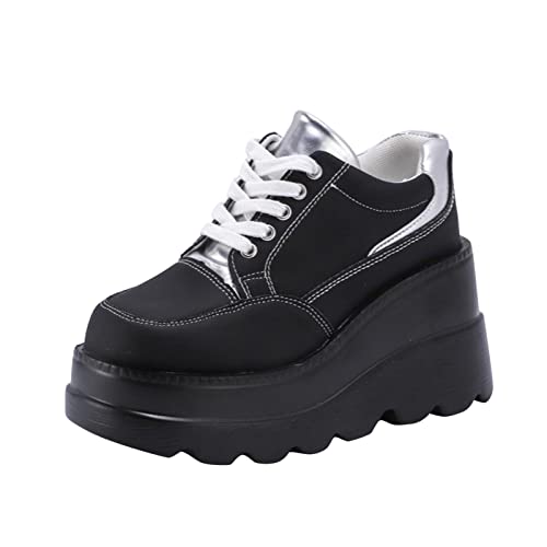 Damenmode Leder Colorblock Round Toe Lace Up Wedge Plateau Freizeitschuhe Schwarze Damenschuhe von Yowablo