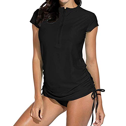 Einteiler Badeanzug Damen Swim Shirt Rash Guard Sonnenschutz Surf Tops Kurzarm (XXL,Schwarz) von Yowablo