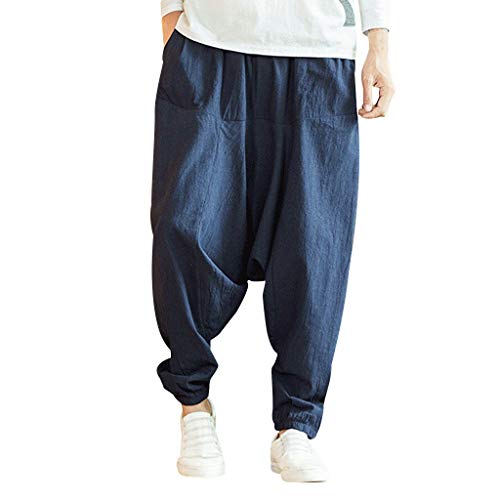 Haremshose Herren Baumwolle Freizeitmode Lose Reine Farbe Hip Hop Stil Baumwolle und Leinen Länge Hose (3XL,Marine) von Yowablo