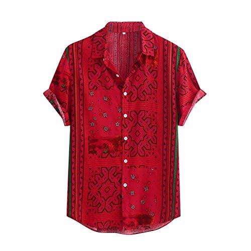 Hemd Hawaii-Shirt für Herren Vintage Hemd Männer Bunte Streifen Sommer Kurzarm lose Knöpfe lässige Bluse (XL,Rot) von Yowablo