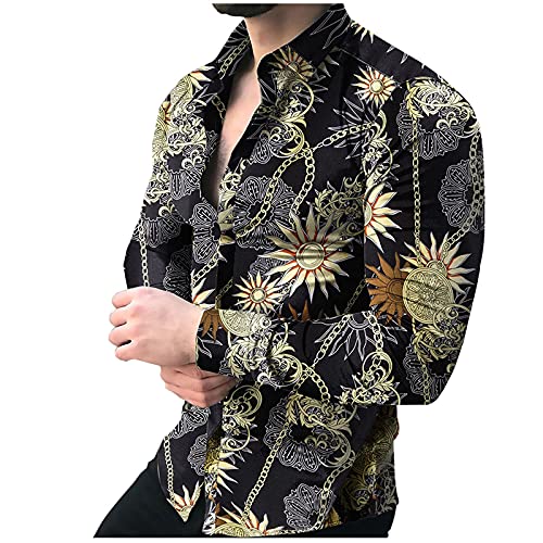 Hemden Bluse Tops T-Shirt Herren Casual Ketten Print Hemd Langarm Knopf Umlegekragen Tops (M,6schwarz) von Yowablo