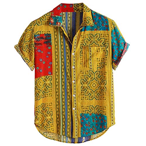 Hemden Männer Vintage Ethnic Printed Turn Down Kragen Kurzarm Loose Casual Shirts (3XL,1Gelb) von Yowablo