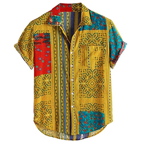 Hemden Männer Vintage Ethnic Printed Turn Down Kragen Kurzarm Loose Casual Shirts (L,1Gelb) von Yowablo