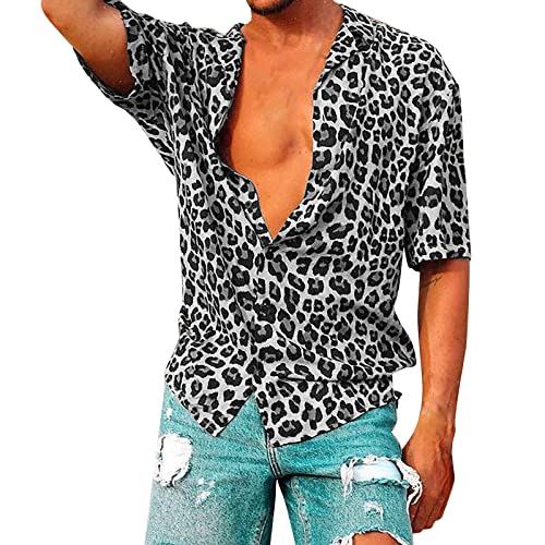 Herren Kurzarm Fashion Leopard Design Print Dress Shirt Sommer Lässiges Button-Down-Hemd Weißes Hemd Herren von Yowablo