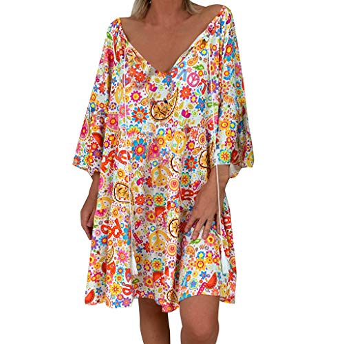 Kleid Frauen Loose Floral Print Dreiviertelärmel Sommer Minikleid (3XL,12Orange) von Yowablo