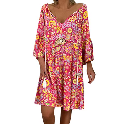 Kleid Frauen Loose Floral Print Dreiviertelärmel Sommer Minikleid (4XL,12Pink) von Yowablo