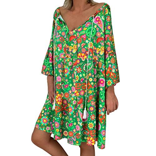 Kleid Frauen Loose Floral Print Dreiviertelärmel Sommer Minikleid (M,12Grün) von Yowablo