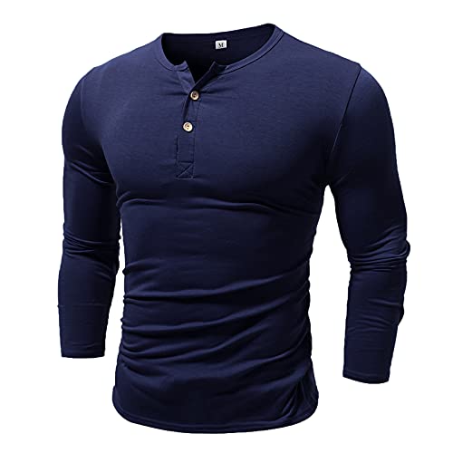Langarm-Shirt Herren Longsleeve V-Neck Hemdjacke Top Bluse Herren Casual Basic Einfarbig Knopf Langarm (S,Marine) von Yowablo