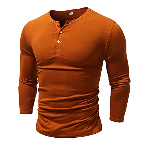 Langarm-Shirt Herren Longsleeve V-Neck Hemdjacke Top Bluse Herren Casual Basic Einfarbig Knopf Langarm (S,braun) von Yowablo