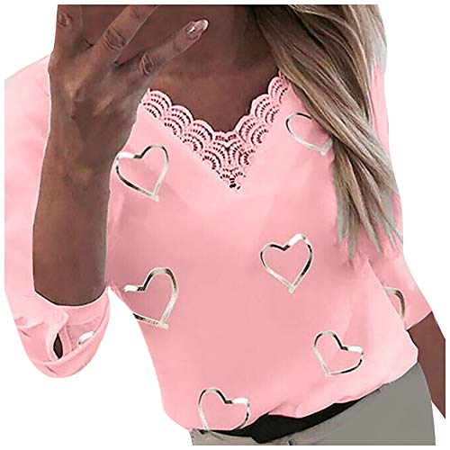 Langarmshirt Damen T-Shirt Elegant Shirts Casual Basic Oberteile Langarm Tops Oversize T-Shirt Top Bluse Frauen Herzen Print V-Ausschnitt Spitze Patchwork Langarm (M,Rosa) von Yowablo