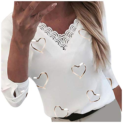 Langarmshirt Damen T-Shirt Elegant Shirts Casual Basic Oberteile Langarm Tops Oversize T-Shirt Top Bluse Frauen Herzen Print V-Ausschnitt Spitze Patchwork Langarm (M,Weiß) von Yowablo